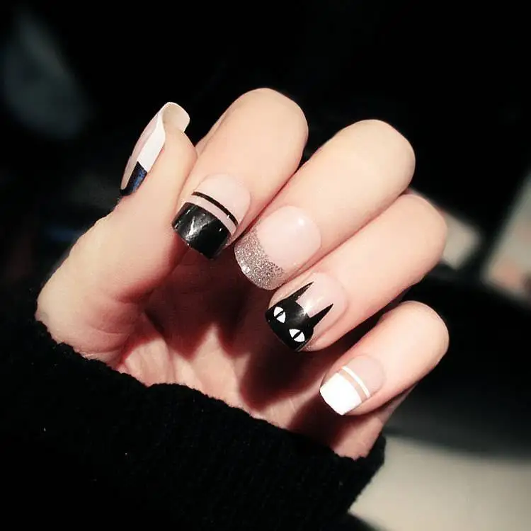 24pcs Nude Pink Black Color False Nails DIY Size Design Full Cover Nail Art Tips Girls Cute Cat Printing Fake | Красота и здоровье