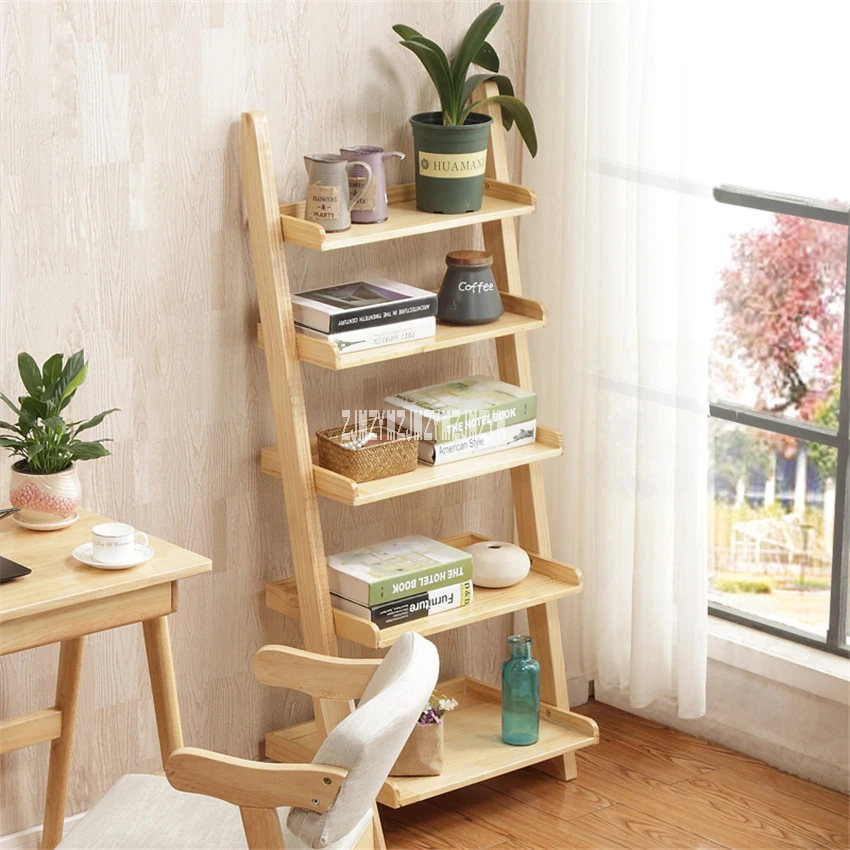 XM004 5-طبقة رف خشبي للكتب الهبوط بسيطة جدار رف غرفة المعيشة الإبداعية الصلبة خشبية Bookrack شبه منحرف خزانة