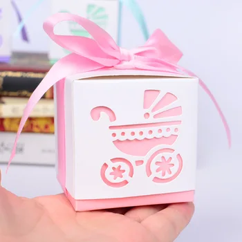 

50pcs/lot baby carriage favor box wedding laser cut candy box with Ribbon baby shower paper Sugar box gifts