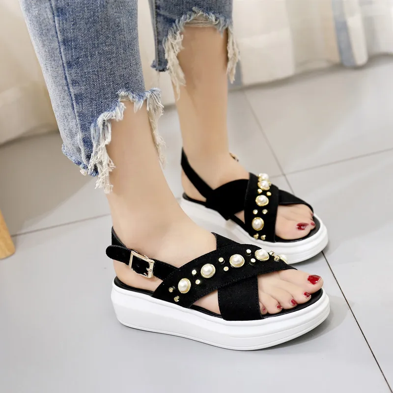 

Pearl Genuine Leather Woman Sandals 2019 Thick Bottom Muffin Leisure Student Black