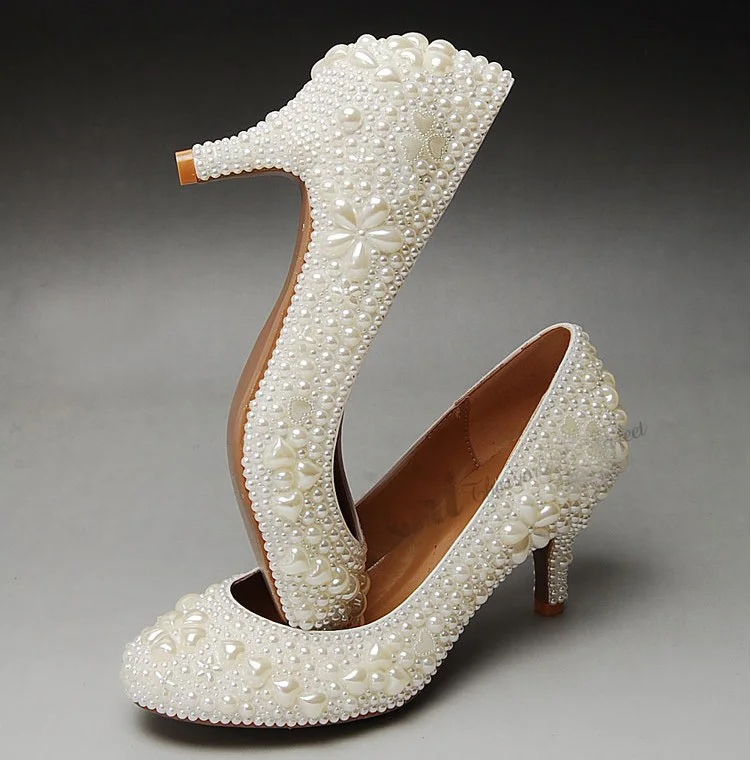 Стиль круглый носок обувь на среднем каблуке для невесты обувь для вечеринок Полный Перл парадные туфли для свадьбы размеры 34–41
