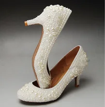 2016 New Style Round Toe Middle Heel Shoes for Bride Party Shoes Full Pearl Bridal Wedding Dress Shoes Size 34-41