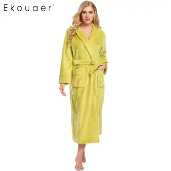 

Ekouaer Women Robes Long Nightwear Bathrobe Winter Warm Hooded Solid Long Sleeve Fleece Sleepwear Robe Lounges Homewear Pyjamas