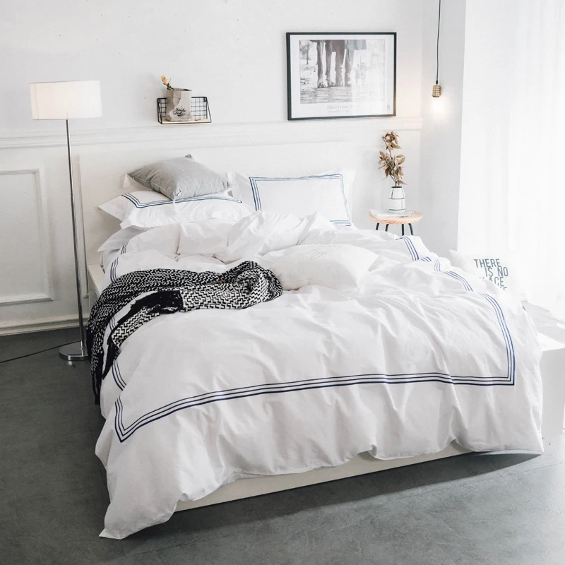 

100%Cotton Soft Bed/Fit sheet set White Blue Embroidery Bedding Set Queen King size Duvet Cover Linen Soft Bedclothes Pillowcase