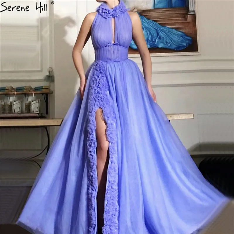 

Purple High Collar Simple A-Line Prom Dresses 2019 Sleeveless Sexy Tulle Prom Gowns Long Serene Hill BLA70131
