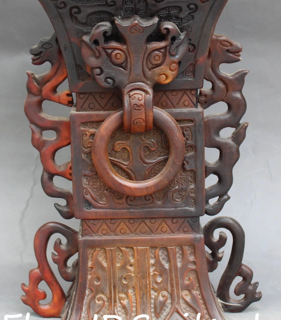 

8" Rare Chinese Ox Horn Carving Dragon Dragons Beast Zun Vase Bottle Vases Pot