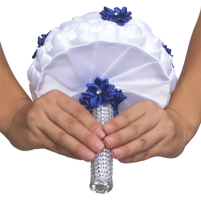 Белый сатин розы Королевский синий цветок Букеты Свадебные Diamond Искусственные цветы de Mariage букет ramos de Овия W2791 пользовательские