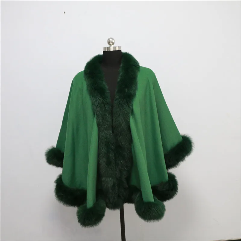 

Free shipping, Drop shipping, cashmere cape with real fox fur trim length 90cm for adult without hood fox shawl