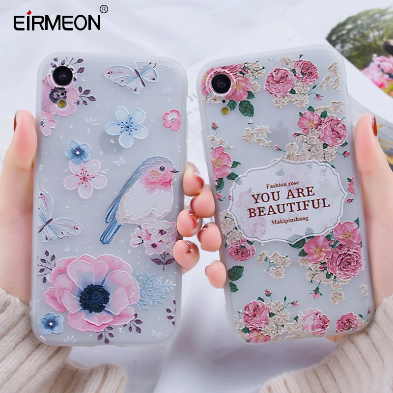 EIRMEON 3D Рельефный цветочный чехол для iPhone 7 8Plus XR XS Max 5 6 6S Plus X матовый мягкий