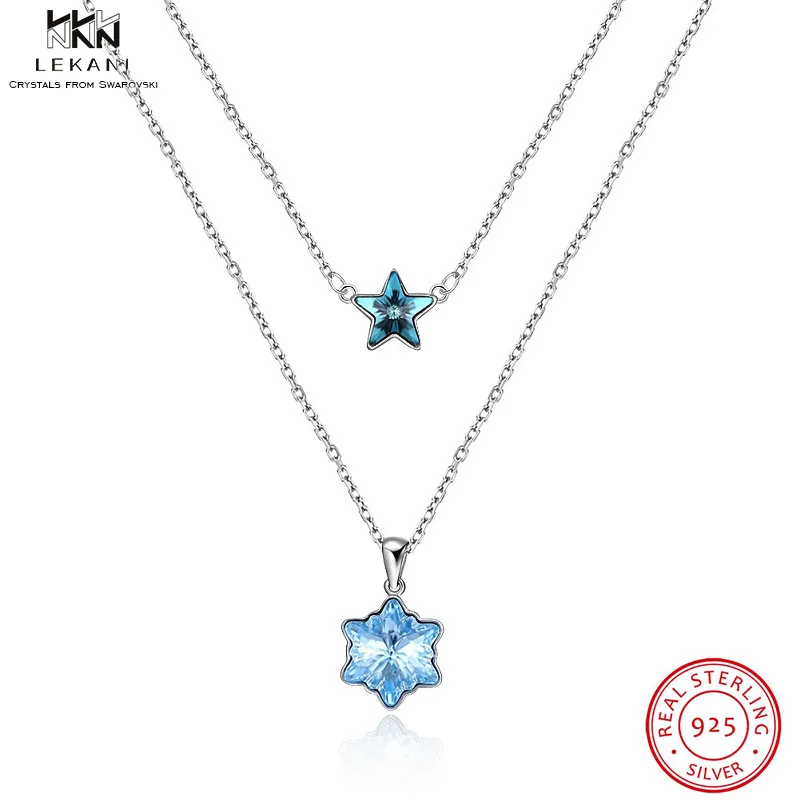 

LEKANI Crystals From Swarovski Necklace 925 Exquisite Snowflake Gift Pendant Necklace For Women Double Chain Statement Necklace