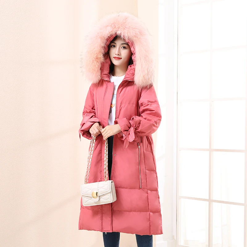 

Long winter down coat women big fur collar white duck down parka coat ladies warm hooded down jacket coat female loose overcoat