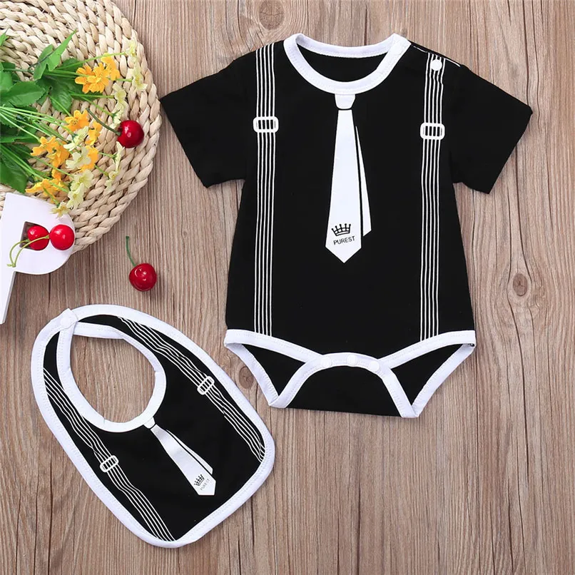 

2Pcs Summer Babys Clothes Infant Baby Boy Carton Sling Necktie Printed Short Sleeve Jumpsuit Romper+Bibs Baby Boy Romper JY04#F