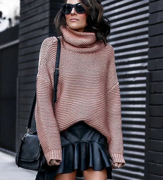 Осень-зима, Толстый Пуловер грубой вязки, женский джемпер, водолазка, свитер, женский теплый свитер, вязаный свитер большого размера - Color: Pink