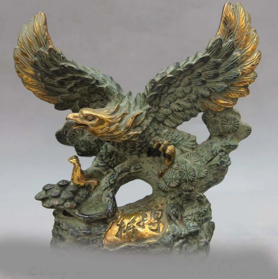 

China Palace Bronze Copper Fengshui Fighting Carved Eagle Bird Pine Tree Statue SD 506