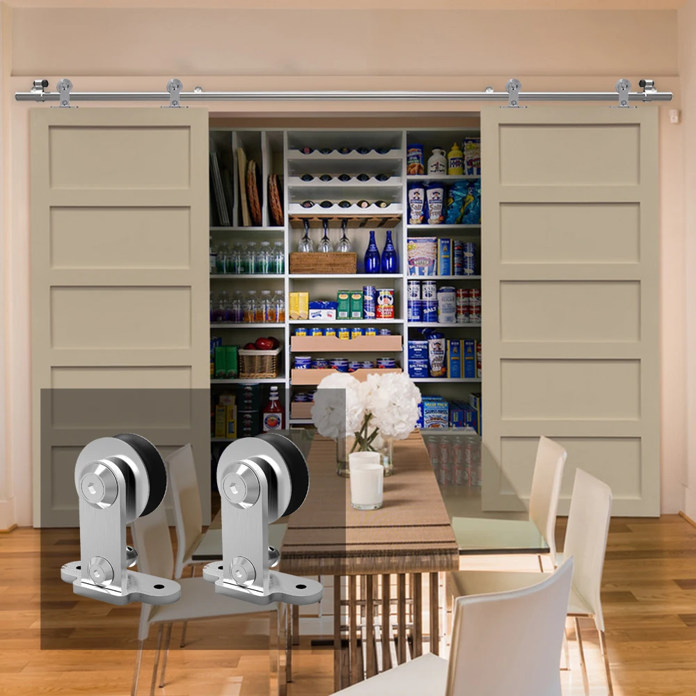 LWZH10-16FT T-Shaped Silver Modern Stainless Steel Puerta Corredera Wooden and Glass Sliding Door Hardware Kit for Double Door