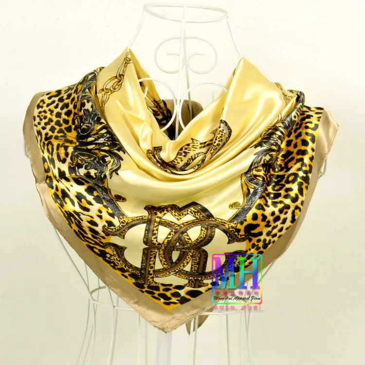leopard beige Элегантный женский большой квадратный шелковый шарф с принтом, 90*90 см, модный весенний и осенний серый и фиолетовый Шелковый шарф из полиэстера, шаль - Цвет: leopard beige