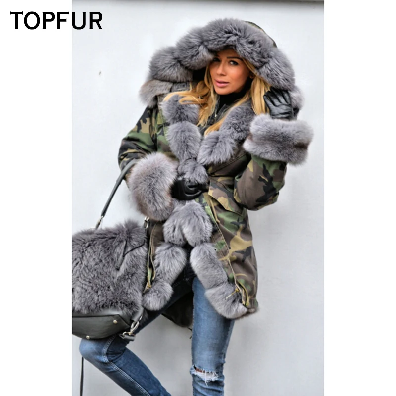 TOPFUR 2018 Winter Parka Women Real Fur Fluffy Natural Fox Fur Collar And Cuff Luxury Fashion New Thick Warm Real Fur Parkas
