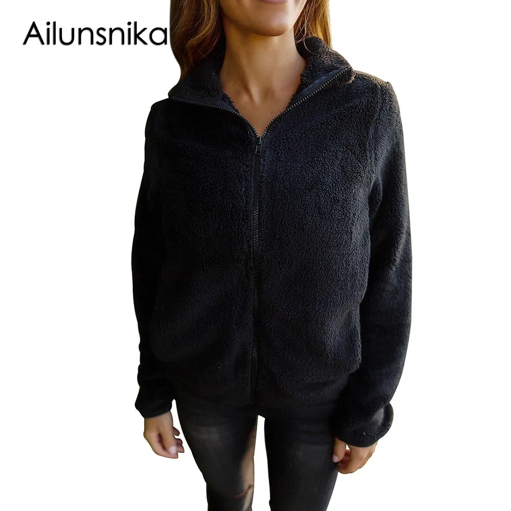 Ailunsnika Winter White Fuzzy Zip up Fleece Jacket for Women Folded