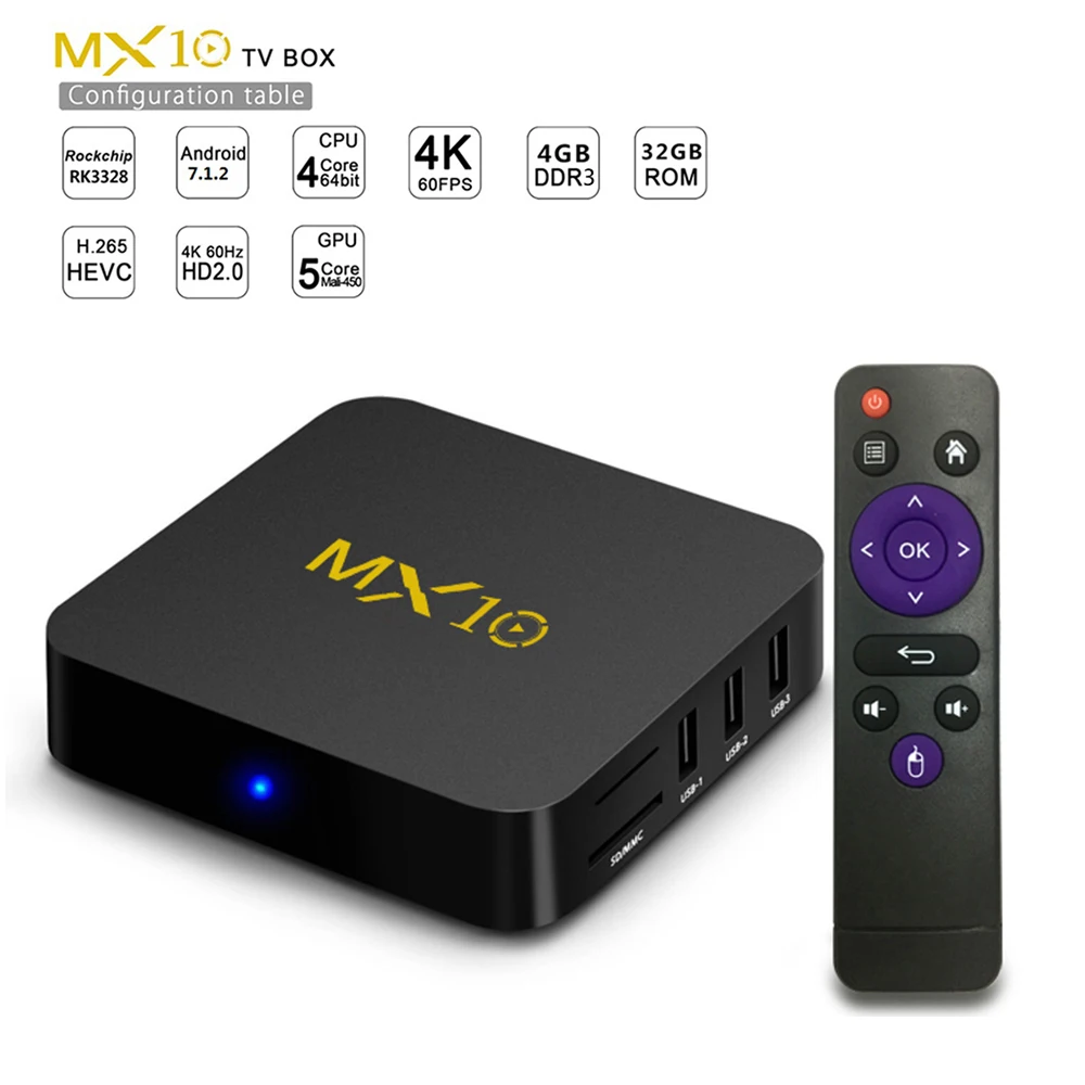 

Newest MX10 Smart TV Box 4G DDR3 32G ROM Android 8.1 TV Box 2.4G WiFi USB 3.0 100Mbps Support 4K H.265 Media Player PK X96 X96W