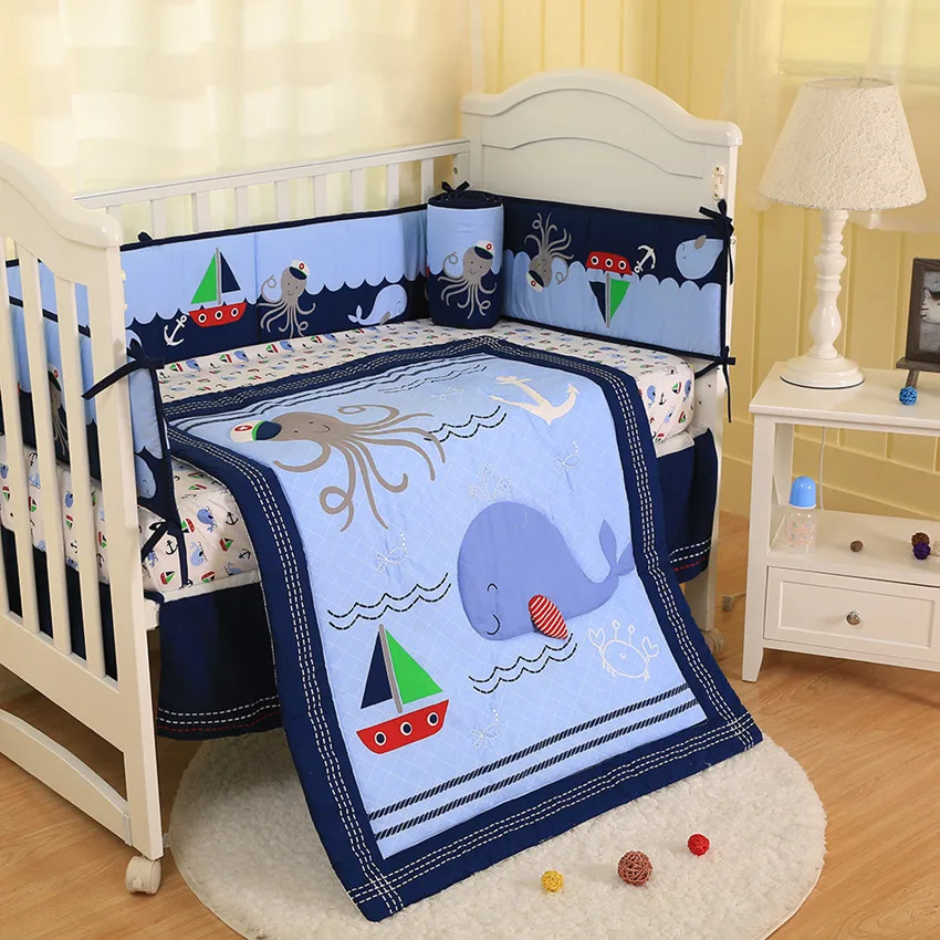 Promotion 7pcs Ocean World Embroidered Crib Bedding Baby Crib Bedding Baby