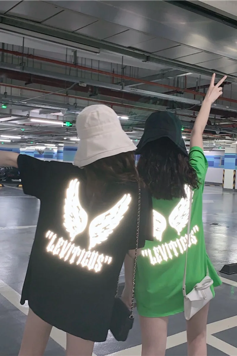 Шикарная женская футболка размера плюс, Крыло ангела, светящаяся, уличный стиль, хип-хоп, белая длинная футболка, корейский топ