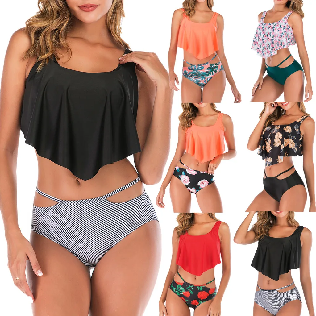 

6 Colors Women Two Piece Plus Size Sexy Backless Halter Tankini Beach Printed Swimwear Bathing Suit Bikini Set Bikini 2019 Mujer