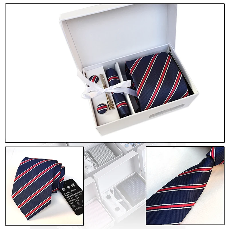 

2017 New 8CM Ties for Men Striped Necktie Set Cufflink Pocket Square Handkerchief Hanky Suit Set Formal Business Wedding Ties