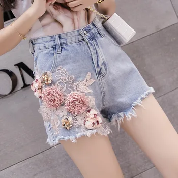 

Manta De Strass 2020 Women Summer Fashion Loose Flower Appliques Sequins Vintage Denim Shorts Female Casual Short Jeans Pants