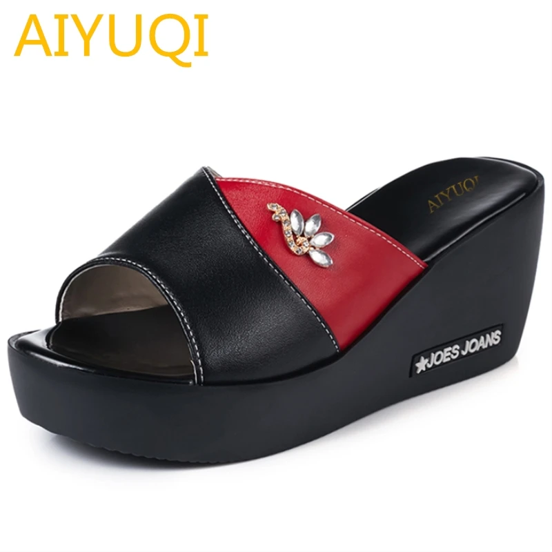 

AIYUQI womens sandal summer 2019 new genuine leather ladies wedge slippers fashion platform high-heeled slippers women shoes