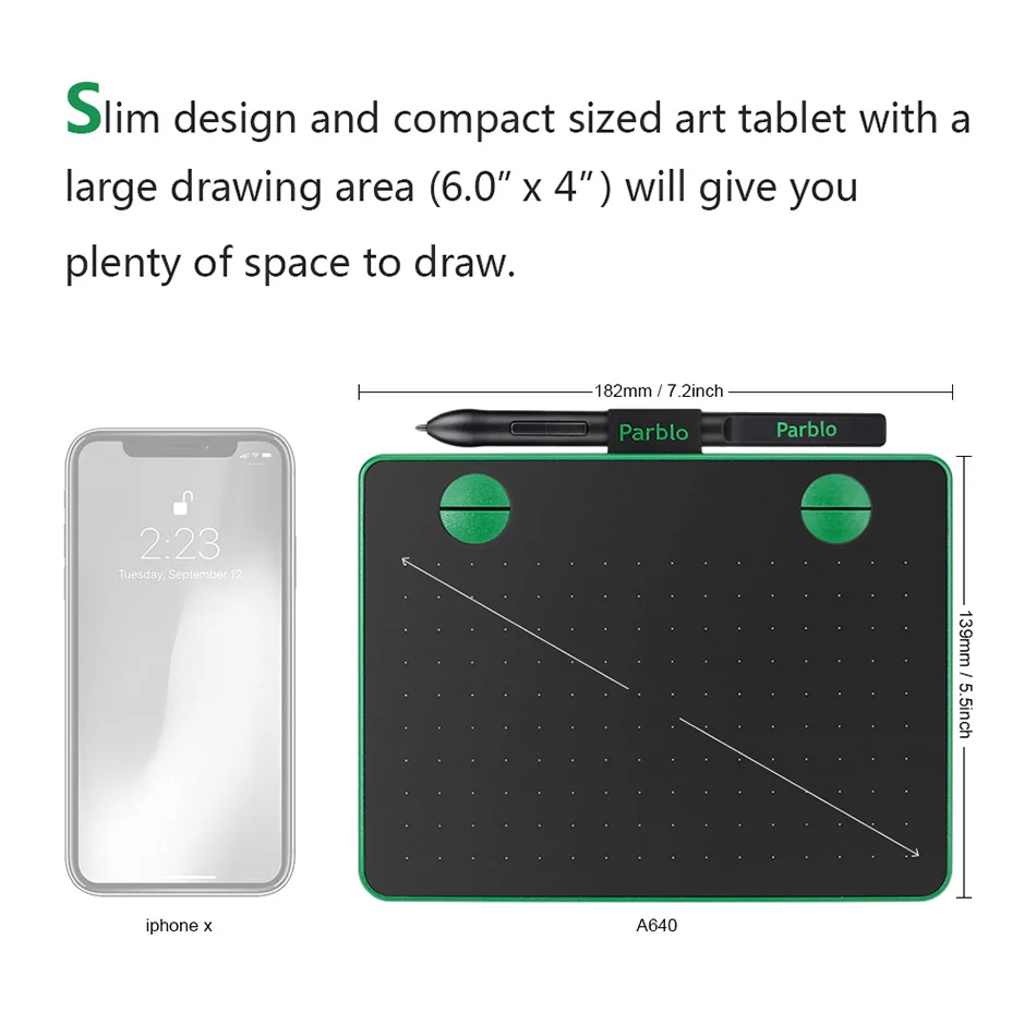 Koop Parblo A640 7.2*5.9 Inch Digitale Pen Tablet Grafische Tekening Tablet 8192 Niveaus Druk Batterij Gratis Stylus Zwart  groene Kleur