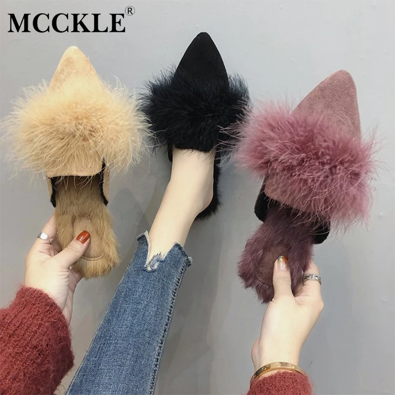 

MCCKLE Women Casual Warm Winter Flat Slippers Faux Fur Female Mules Ladies Pointed Toe Solides Shoes Fashionable Footwear