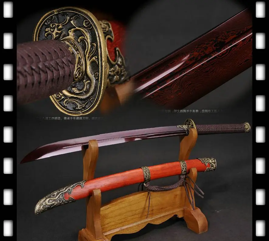 Authentic Hand Red Damascus Steel Full Tang Blade Sharp