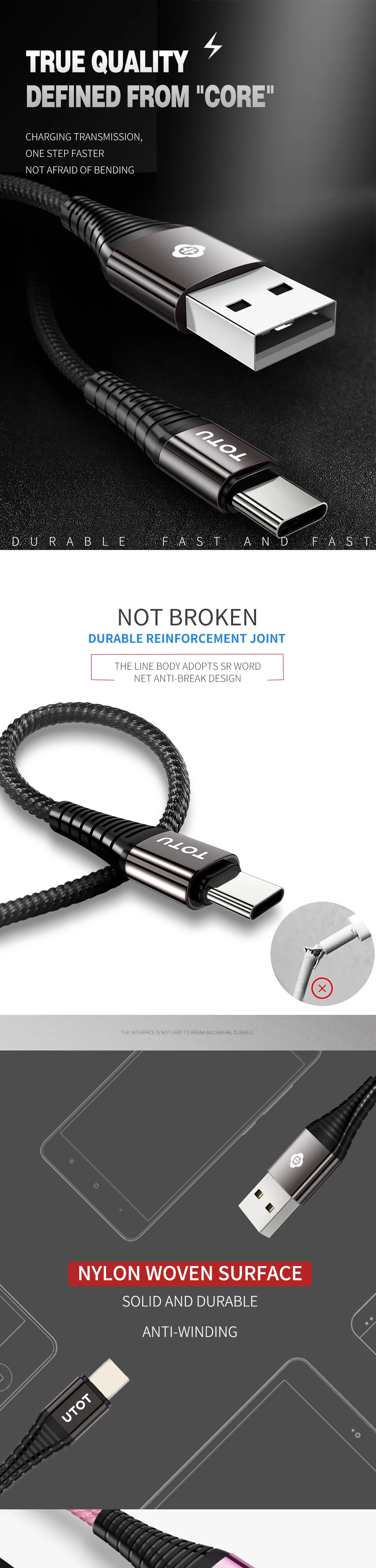 TOTU C type Быстрый USB кабель для зарядки данных для Xiaomi samsung huawei Sony LG 2.4A type-C USB-C USB Мобильный кабель передачи данных телефона