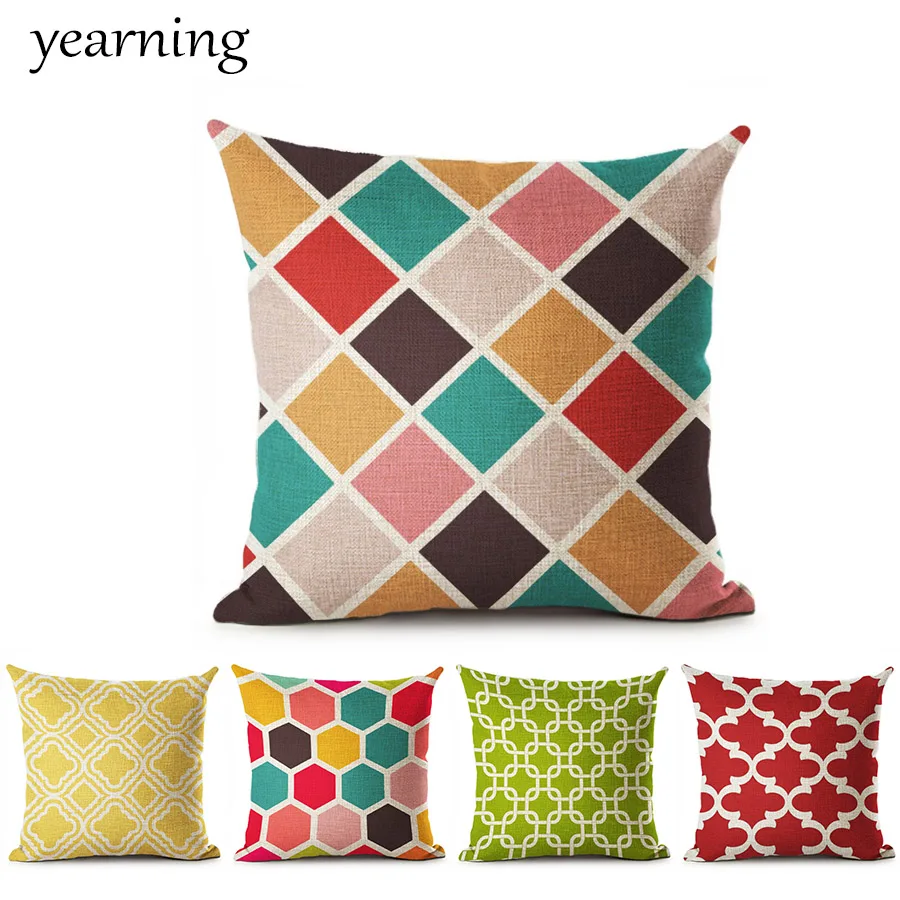 

Geometric Pattern Cushion Cover Fashion Red Blue Black Print Linen Cotton Pillow Case Decorative Home Bedroom Throw Pillow Cover