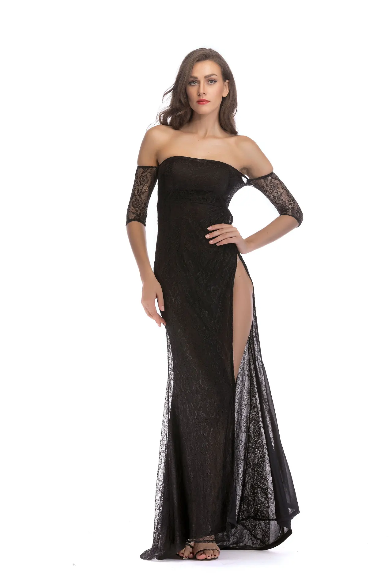 2018 NEW Sexy Backless Lace Forked dress A beach dress Splicing Gauze Hollowed out skirt Free Shpping