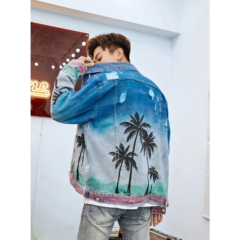 UNCLEDONJM Palm tree denim outerwear coat mens clothing urban streetwear hip hop jacket for men destroyed jeans jacket men 231W UNCLEDONJM Palm tree denim outerwear coat mens clothing urban streetwear hip hop jacket for men destroyed jeans jacket men 231W