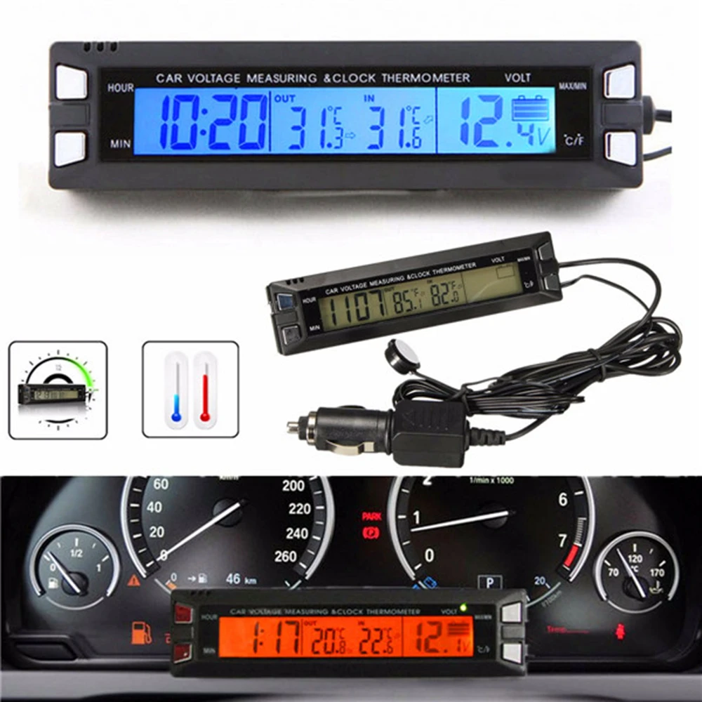  Universal 12V/24V Red/Orange Backlight Car Digital LCD Display Clockindoor/outdoor ThermometerVolta