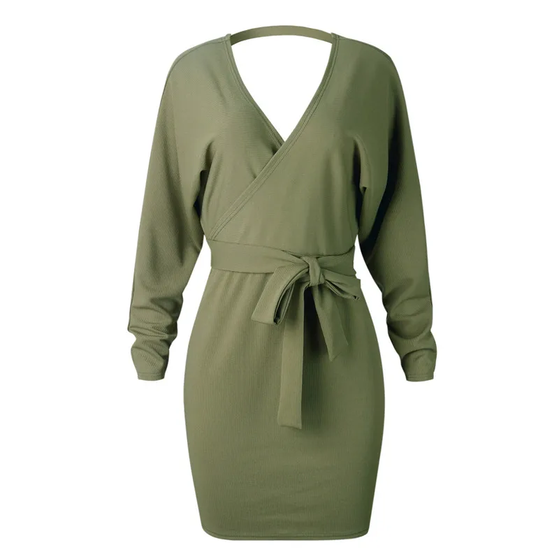 Сексуальное женское платье-свитер, осеннее платье, женское платье с v-образным вырезом, длинный рукав, шнуровка, мини-одежда для женщин, однотонное платье для женщин - Цвет: Зеленый