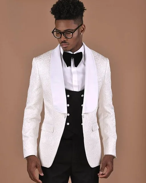 White Pattern With Double Breasted Black Vest Men Suit 3 pieces Groom ...