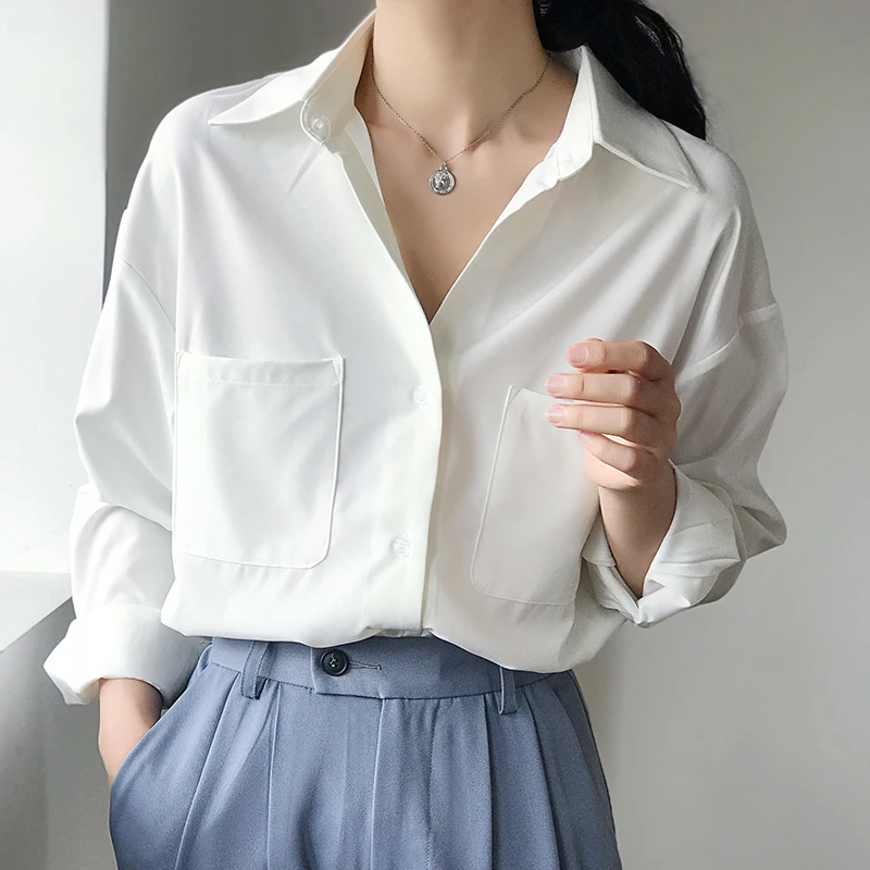  OL Style White Shirts for Women Turn-down Collar Pockets Women Blouse Tops Elegant Workwear Female 