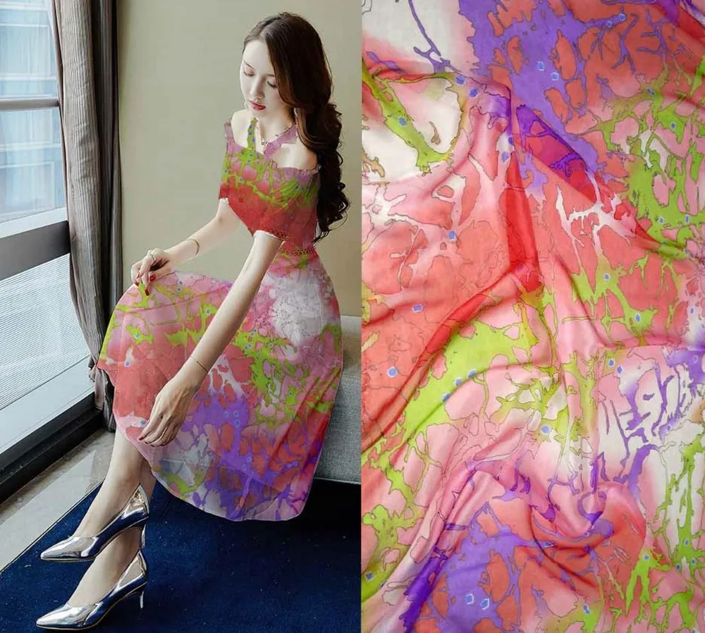 

telas New pink/white flowers printing Chiffon Fabric For Sewing Woven Material For Curtain Textile Tulle Dress 100% Silk Fabric