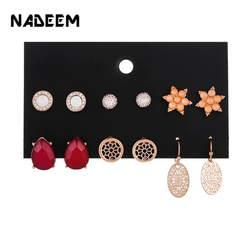 

Bohemian Dazzling 6Pairs/Lot Stud Earrings Set Gold Color Metal Vintage Opal Stone,Crystal,Opal Earrings Sets for Women Jewelry
