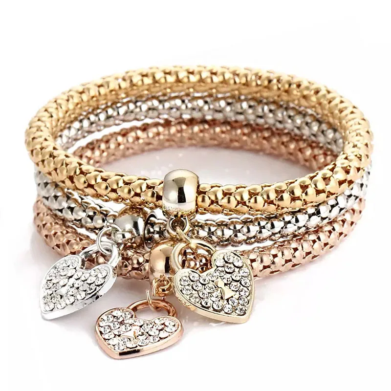 

Charm 3-color corn chain for Women Heart lock Rhinestone Zircon Pendant alloy material gold and silver Bracelet & Bangle Jewelry