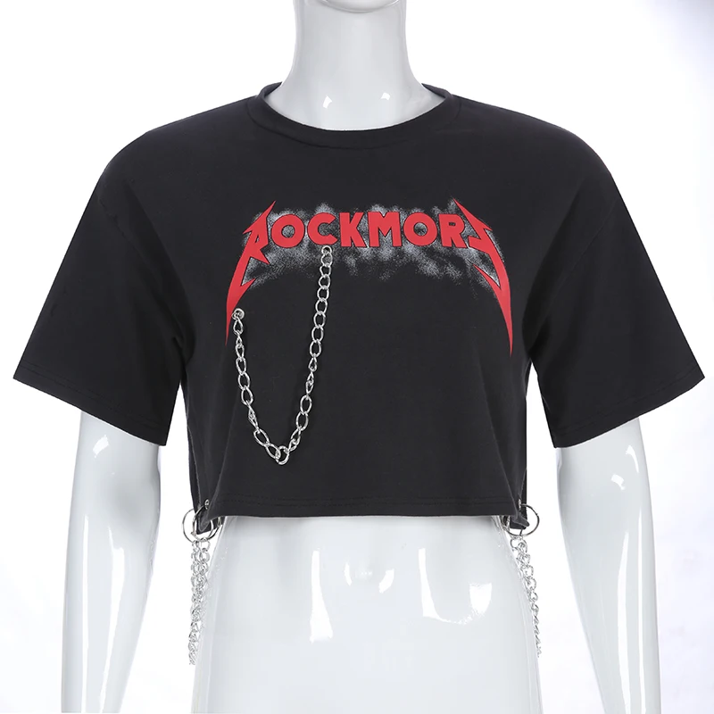 Darlingaga, хлопковая уличная укороченная футболка для женщин, с цепочкой, в стиле панк-рок, летние укороченные топы, футболки с буквенным принтом, женские футболки с разрезом по бокам