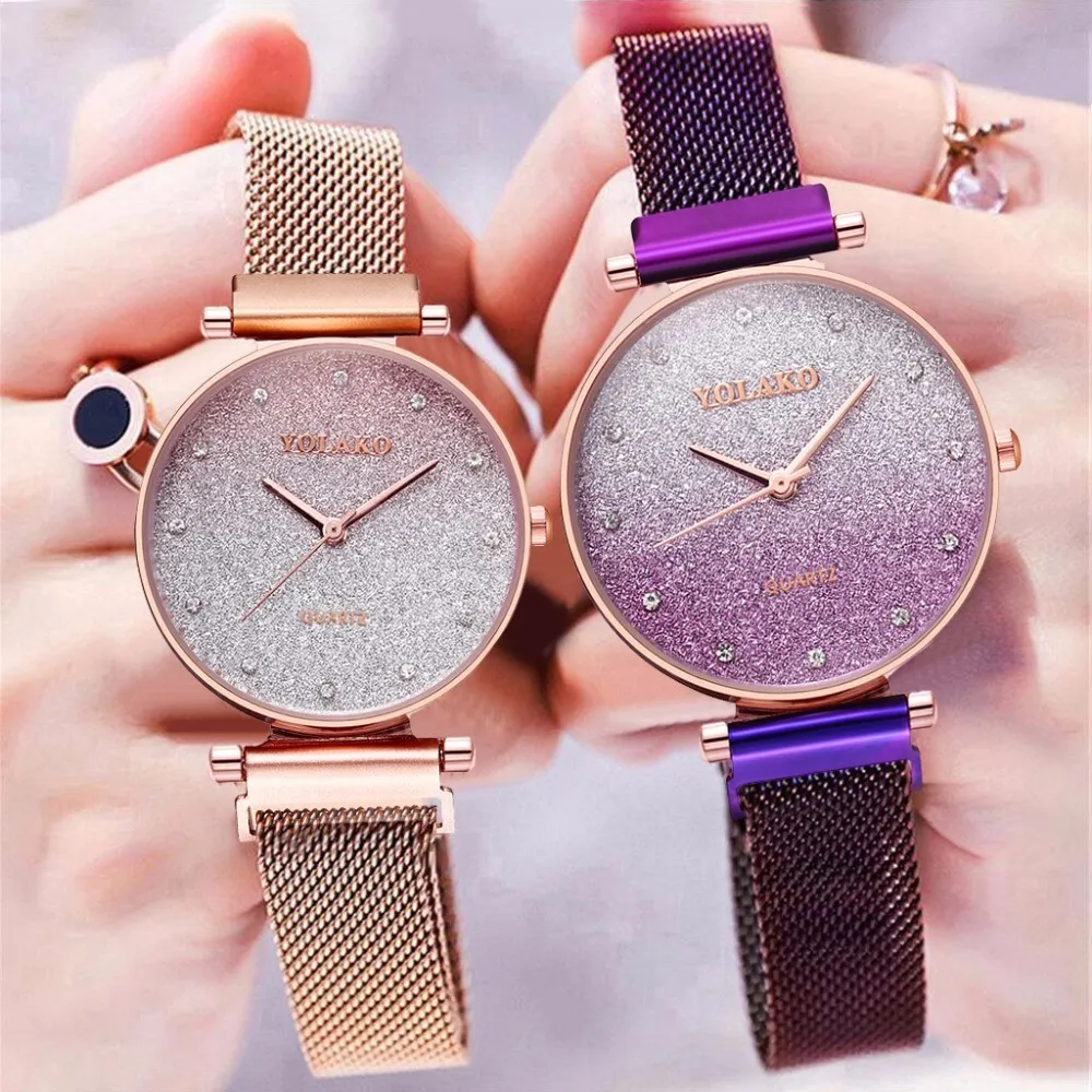 

YOLAKO Brand Women Magnet Buckle Gradient Color Starry Sky Diamond Watch Luxury Ladies Stainless Steel Quartz Watches Clock