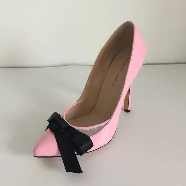Pink Shiny Leather Pump Women Black Bow Pionted Toe Evening Party Shoes Saxy Big Size Womens
