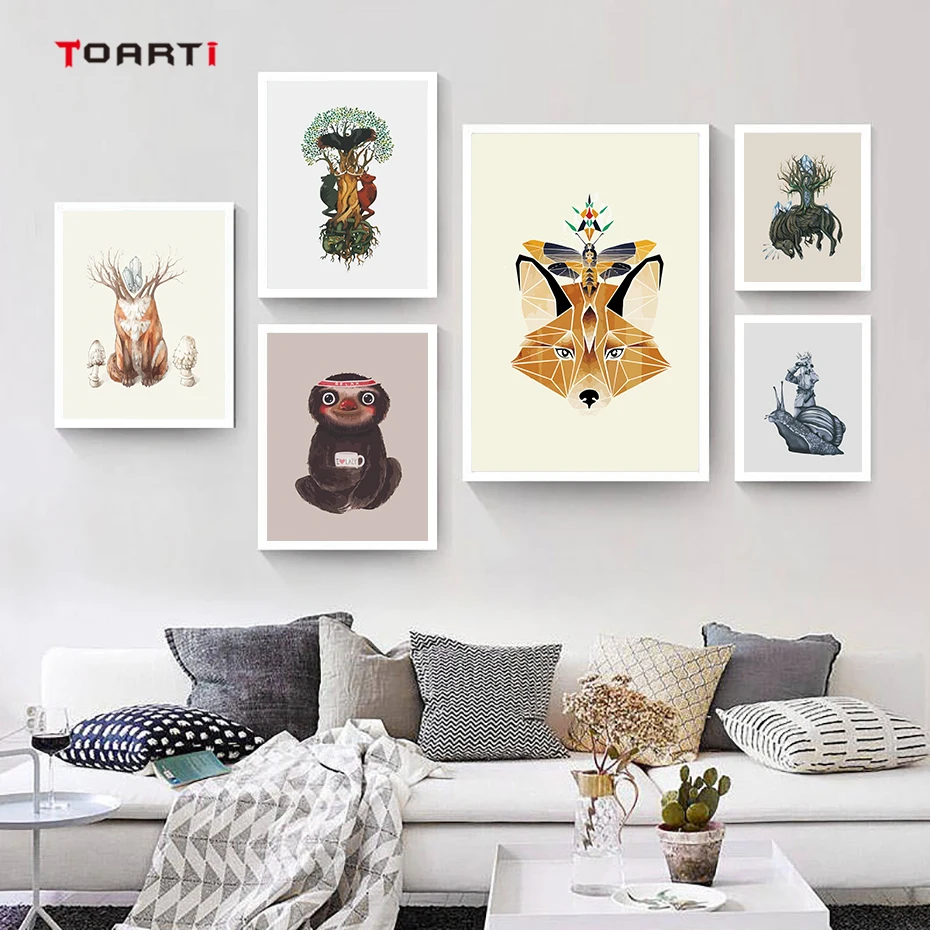 Creative 3D Animals&Plants Wall Art Abstract Watercolor Painting Colorful Vintage Posters&Prints Living Room Decoration Pictures (1)