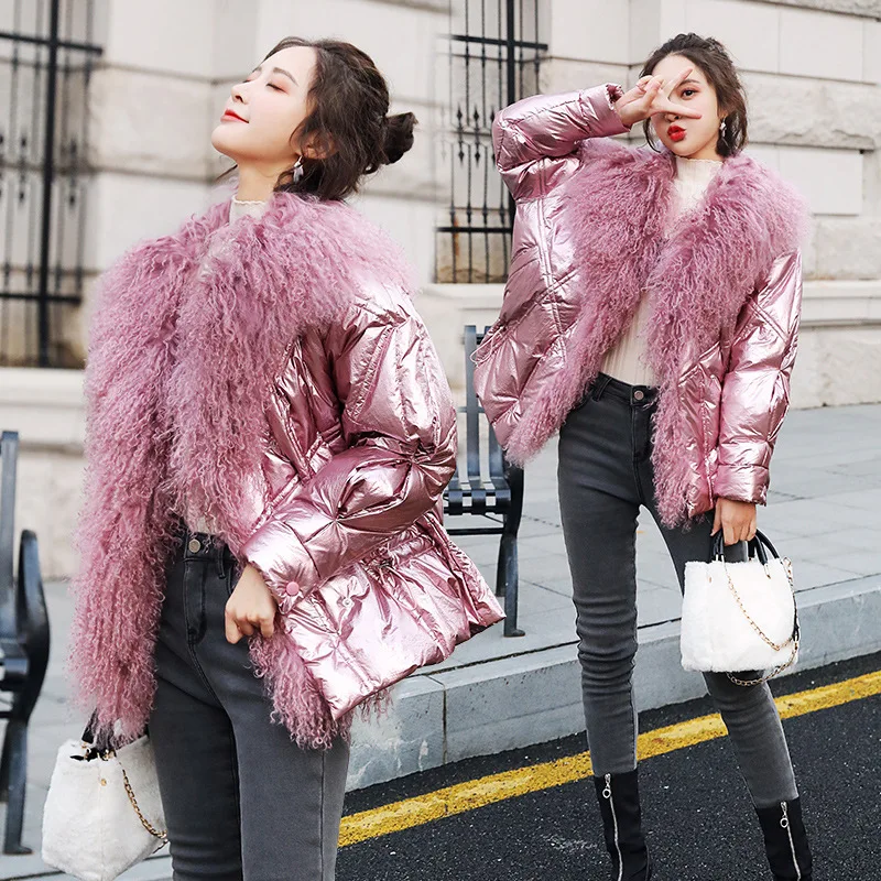 Koop 2019 Winter Jas Vrouwen Witte Eendendons Jassen Grote Natuurlijke Lam Bontkraag Losse Parka Bovenkleding Waterdichte Glossy Jassen