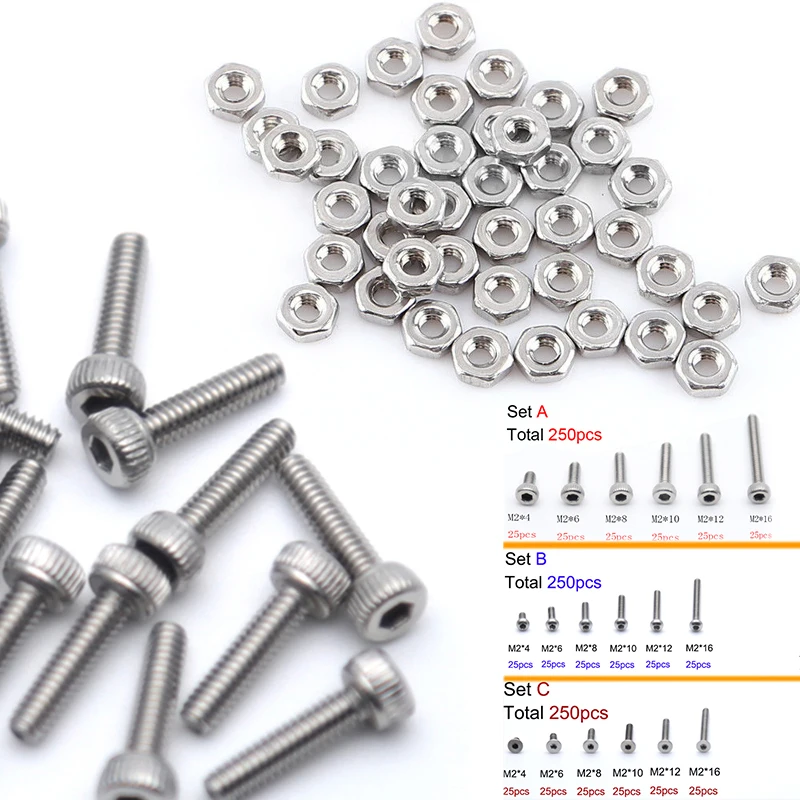 250pc/set Assortment Kit Set A2 Stainless Steel Hex Socket Screw Bolt Nut M2 Cap/Button/Flat Head Assortment Kit