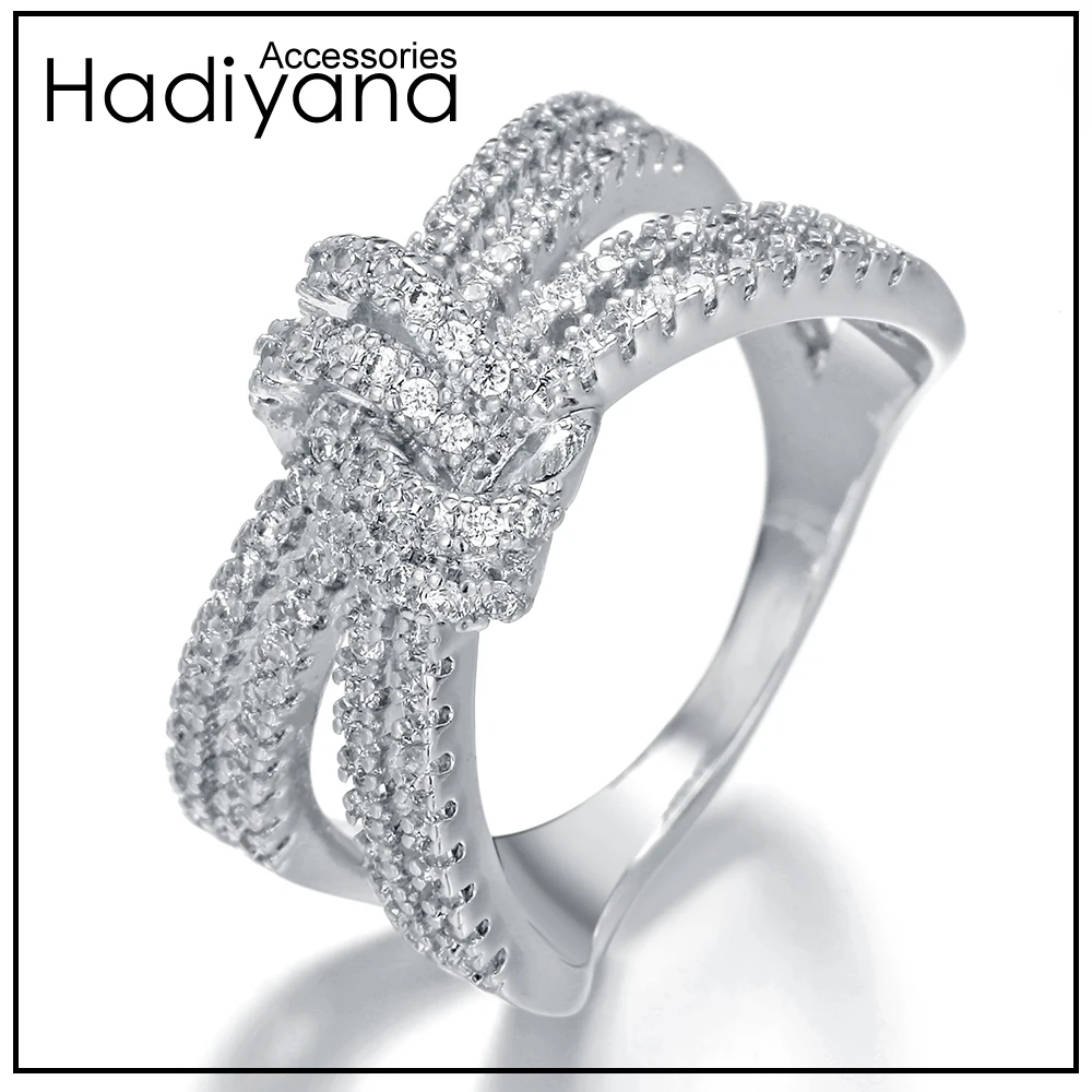 

HADIYANA New Design Cubic Zirconia Bowknot Tied Trendy Finger Ring for Women Perfect Prom Dinner Party Sliver Gold CP353